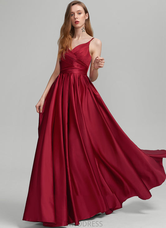 V-neck Mira Floor-Length Ruffle Satin Pockets With Prom Dresses A-Line