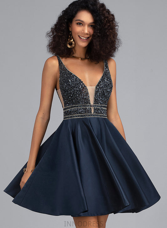 Short/Mini With A-Line Sharon Beading Sequins Prom Dresses V-neck Satin