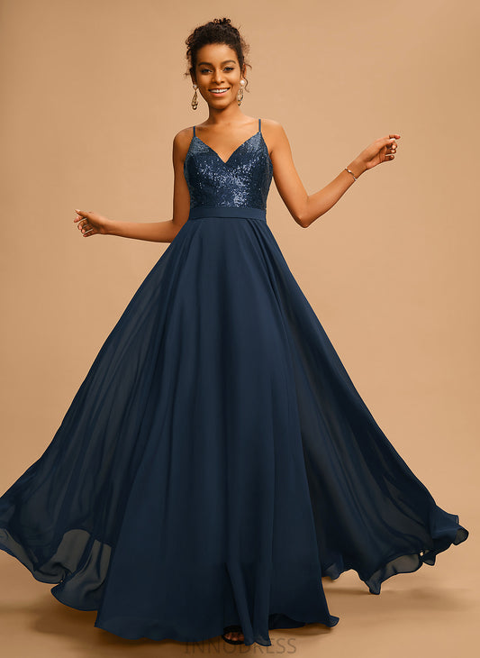 Floor-Length Prom Dresses Sequins A-Line V-neck Chiffon Zoie With