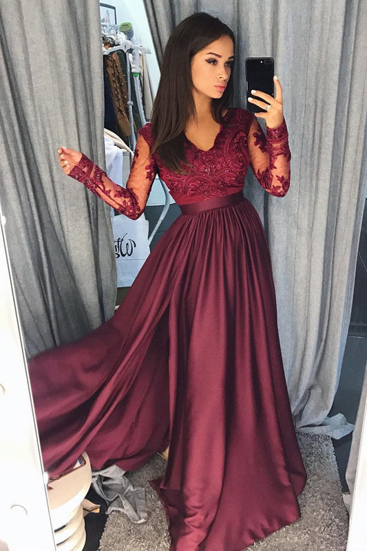 Burgundy A Line Brush Train V Neck Long Sleeve Lace Prom Dresses