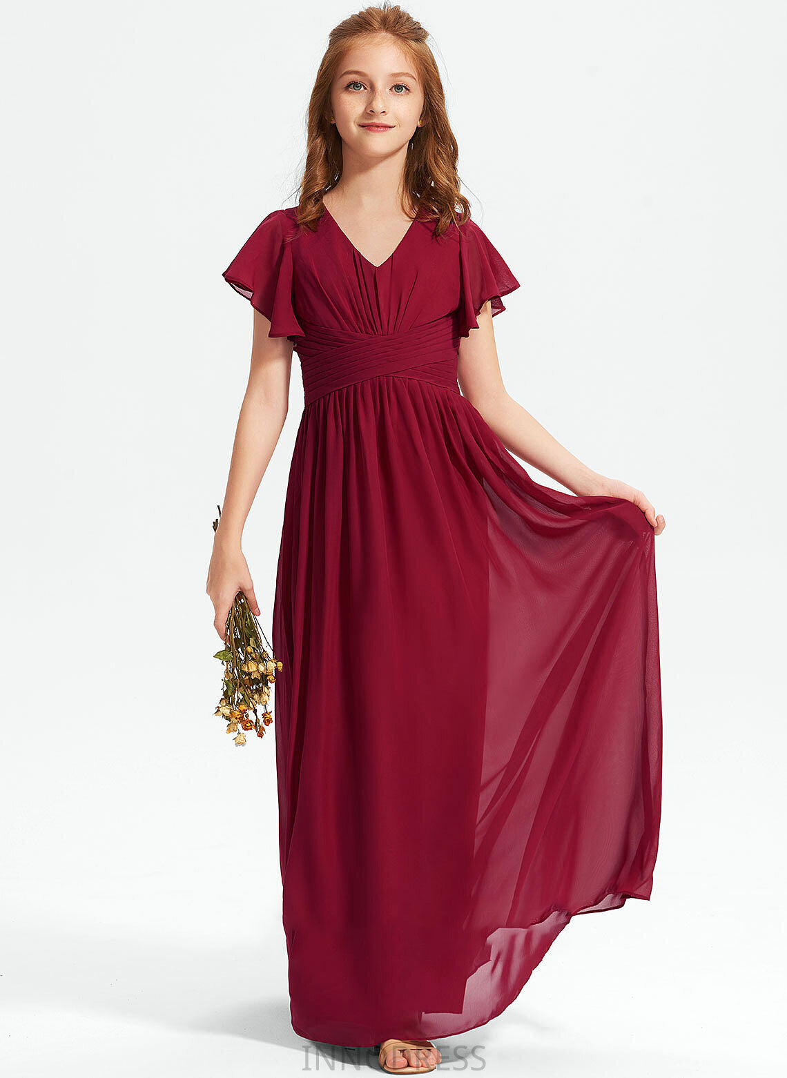 A-Line V-neck Chiffon Junior Bridesmaid Dresses Jenny With Floor-Length Ruffle