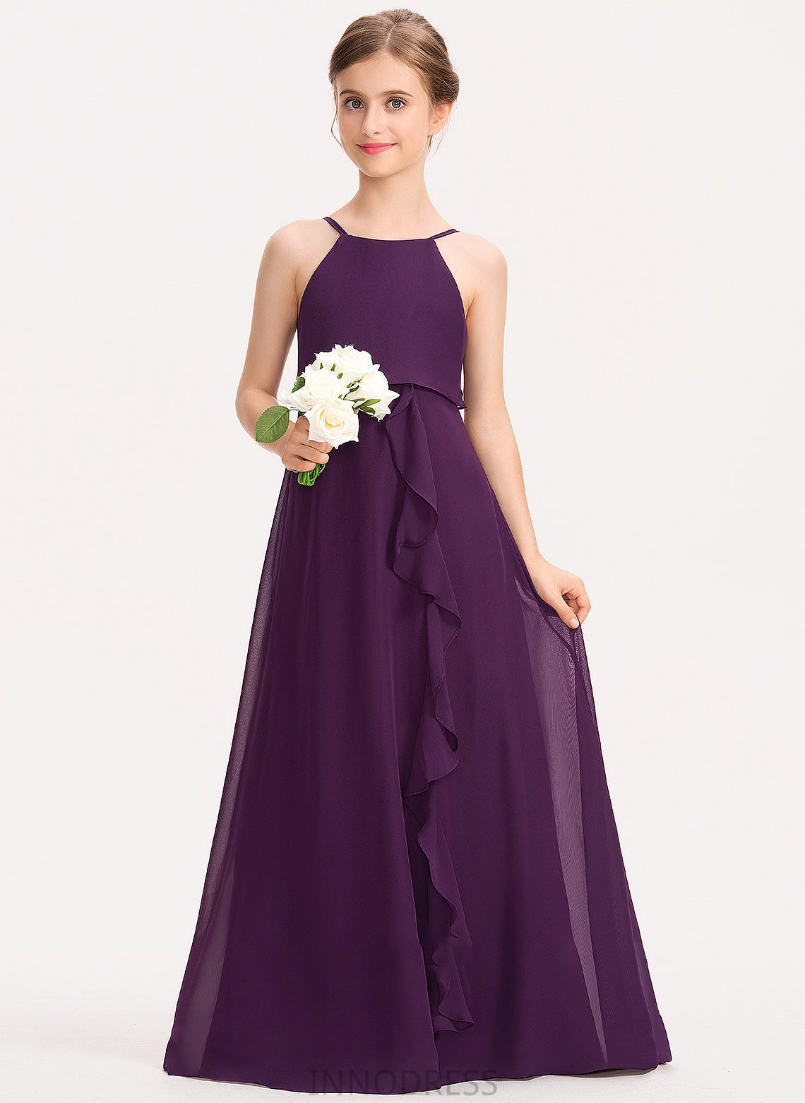 Scoop Bow(s) Floor-Length With Chiffon Elsa Cascading Junior Bridesmaid Dresses Neck Ruffles A-Line