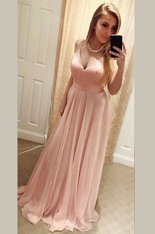 Pink A Line Floor Length Sweetheart Spaghetti Straps Backless Chiffon Prom Dresses