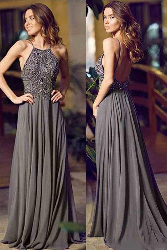 Gray A Line Floor Length Halter Sleeveless Backless Beading Prom Dresses