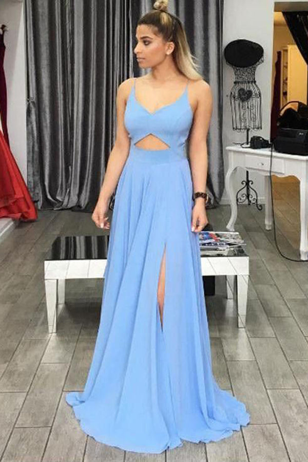 Blue A Line Floor Length Spaghetti Sleeveless Backless Side Slit Long Prom Dresses