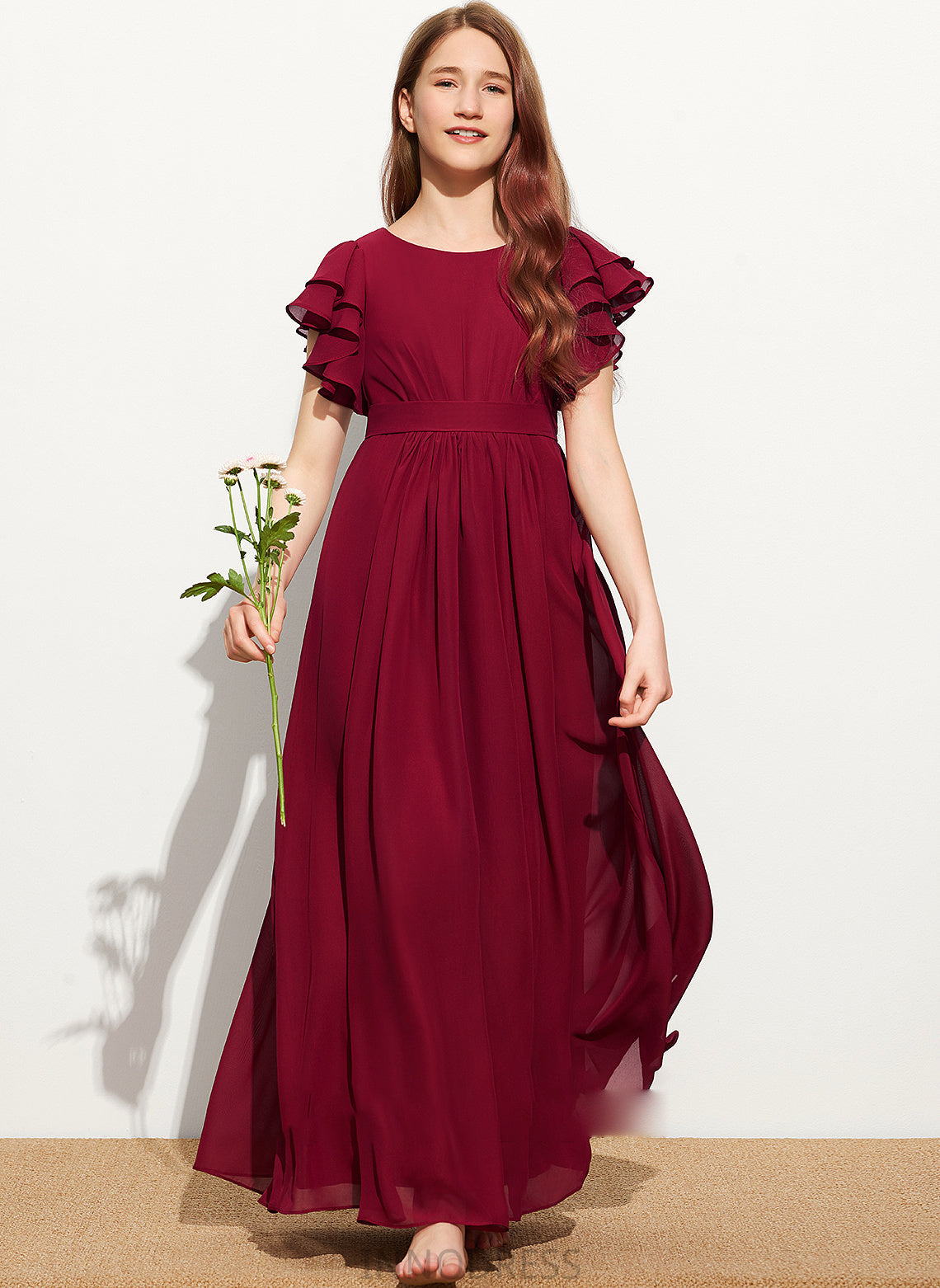 Chiffon With Junior Bridesmaid Dresses Neck Emelia Floor-Length Scoop Cascading Ruffles A-Line