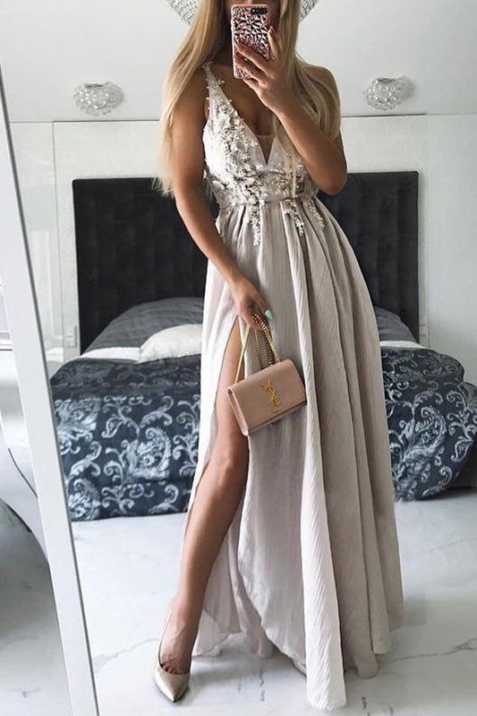 A Line Floor Length Deep V Neck Sleeveless Side Slit Prom Dresses