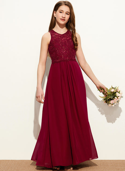 With Neck A-Line Junior Bridesmaid Dresses Chiffon Sophie Scoop Floor-Length Sequins Lace