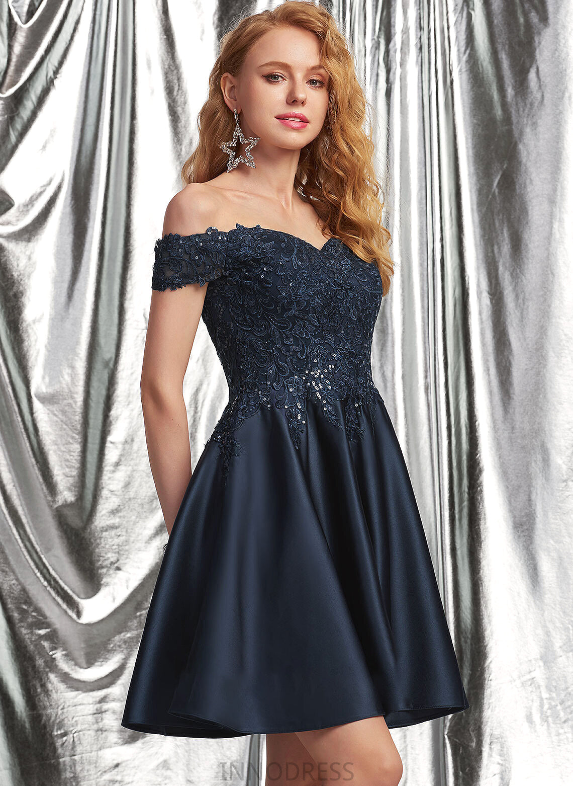 Prom Dresses Sequins With Satin Off-the-Shoulder Ana Lace Short/Mini A-Line