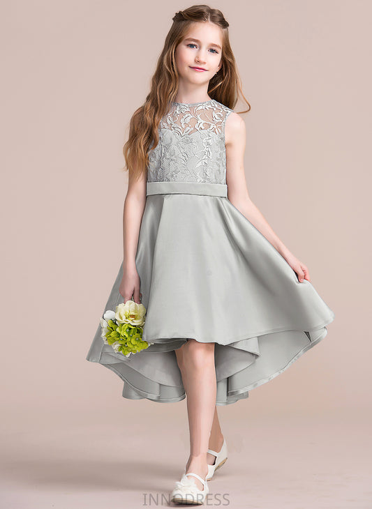 Neck Scoop Frances A-Line Junior Bridesmaid Dresses Asymmetrical Satin