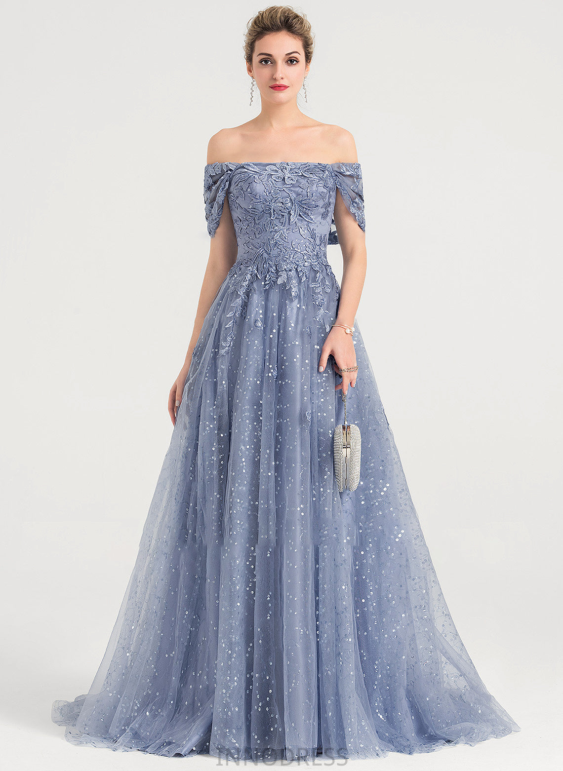 Ball-Gown/Princess Lorelai Prom Dresses Sequins With Off-the-Shoulder Tulle Sweep Train