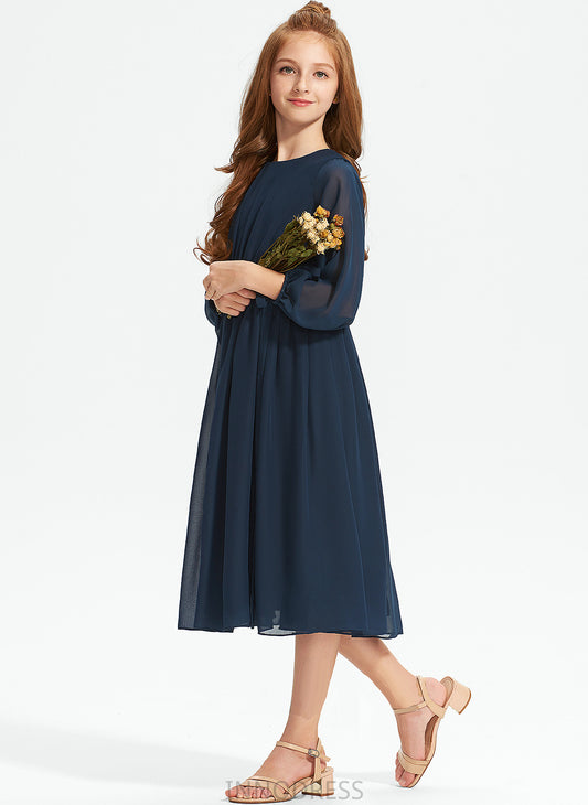 Ruffle A-Line Neck Jaylyn With Scoop Tea-Length Bow(s) Junior Bridesmaid Dresses Chiffon