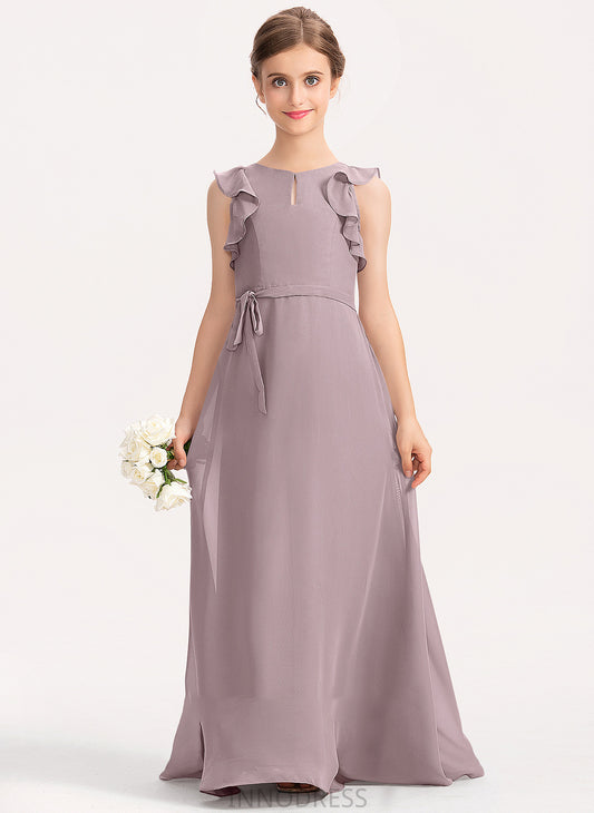 Bow(s) Scoop A-Line Floor-Length Junior Bridesmaid Dresses Neck Chiffon Brynn Ruffles Cascading With