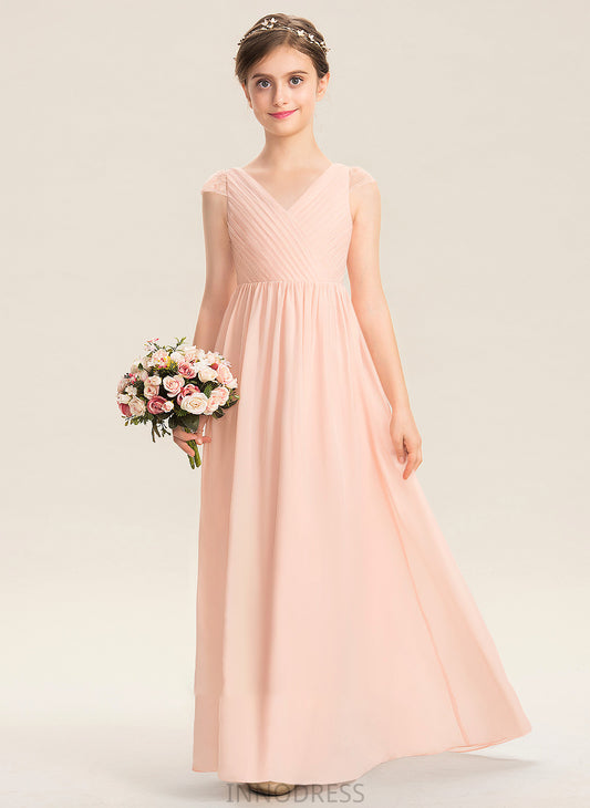 Savanah V-neck Ruffle Junior Bridesmaid Dresses Chiffon With Lace Floor-Length A-Line