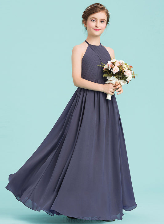 Ruffle With A-Line Junior Bridesmaid Dresses Chiffon Neck Floor-Length Kenzie Scoop