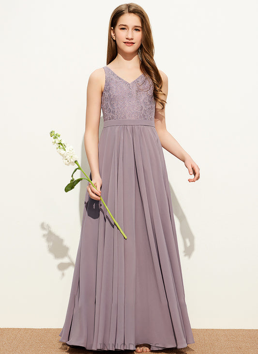 A-Line Chiffon V-neck Carlee Lace Floor-Length Junior Bridesmaid Dresses