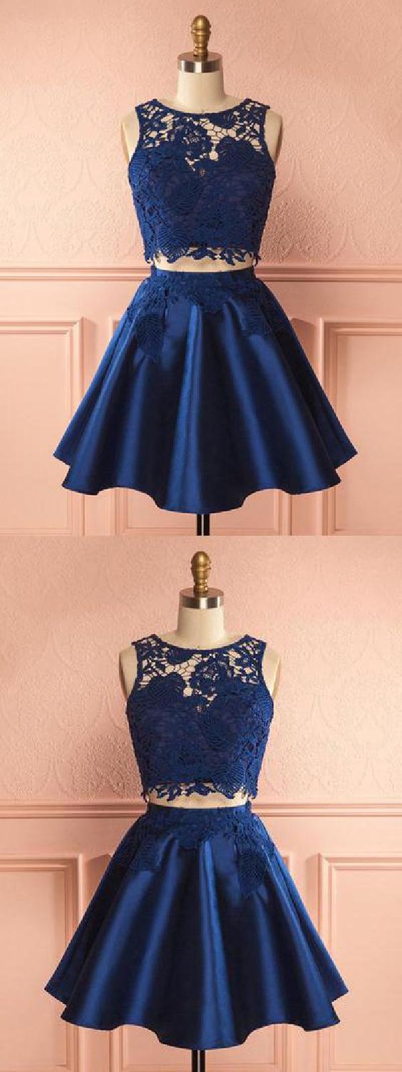 2 Pieces Navy Homecoming Dresses Satin Abagail Lace Two Pieces Blue Party Dress