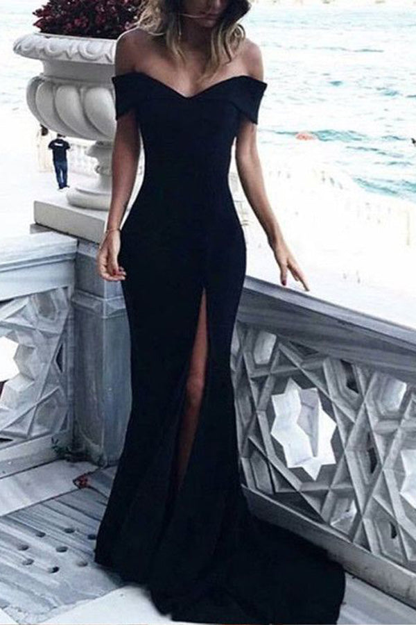 Black Sheath Court Train Off Shoulder Sleeveless Side Slit Prom Dresses