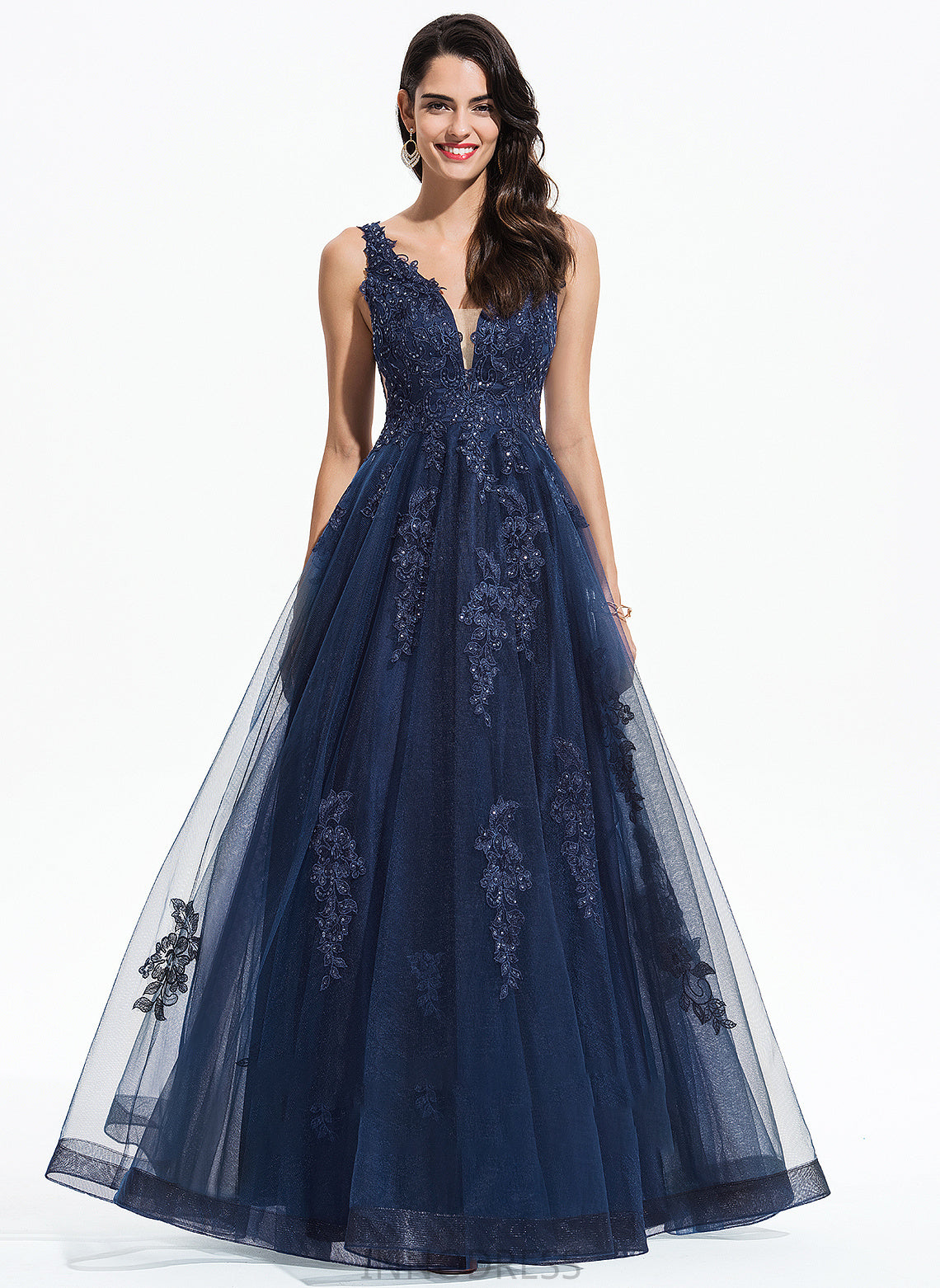 V-neck Prom Dresses Floor-Length Renata Tulle With A-Line Sequins Lace