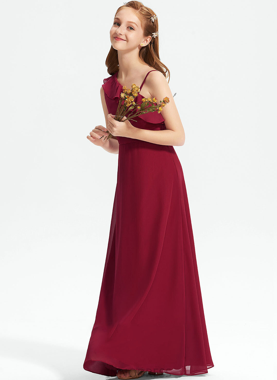 Chiffon Ruffles Kassidy A-Line Floor-Length One-Shoulder Junior Bridesmaid Dresses With