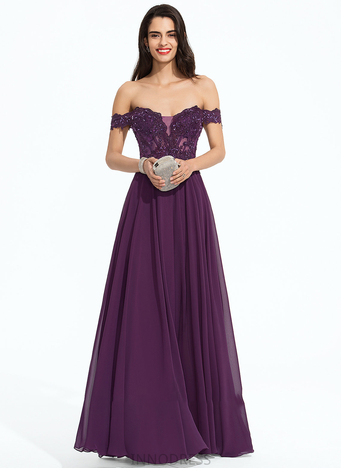 Off-the-Shoulder Sequins With Beading Ball-Gown/Princess Prom Dresses Floor-Length Chiffon Cadence