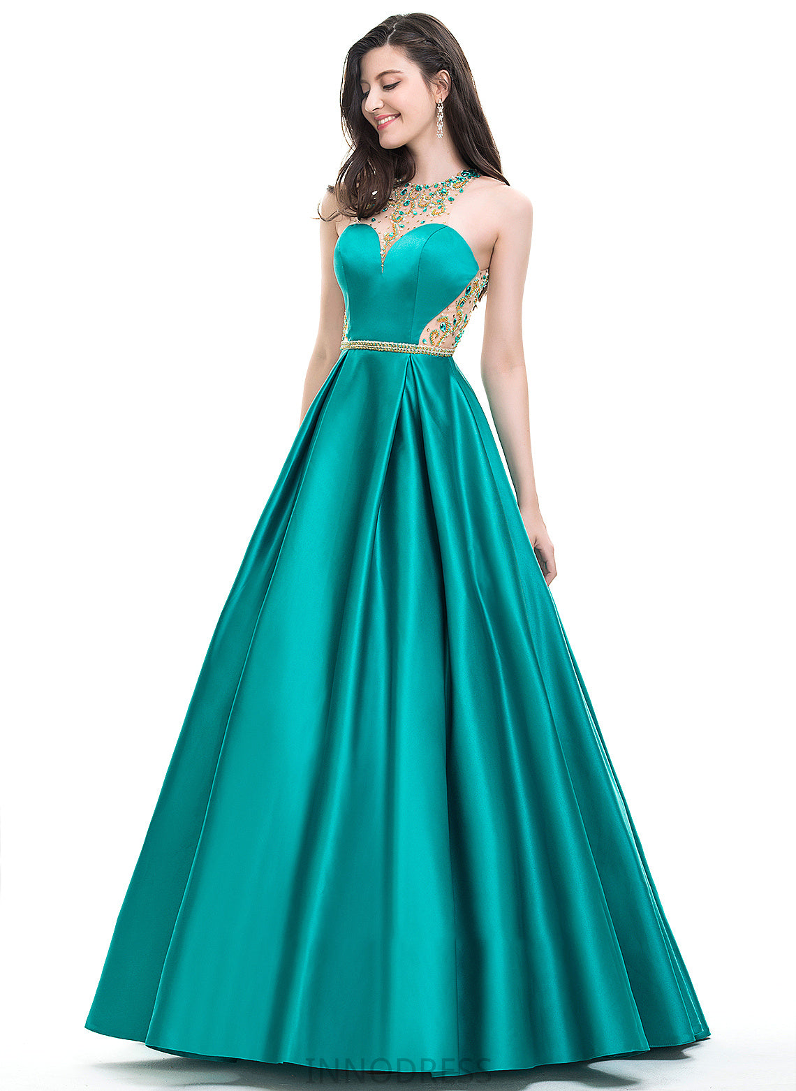 Scoop Satin Beading Floor-Length Taylor Sequins Neck Ball-Gown/Princess With Prom Dresses