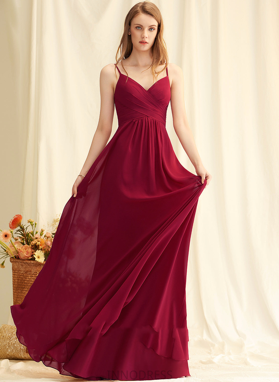 Silhouette A-Line Floor-Length Embellishment Length V-neck Neckline Fabric Ruffle Helena Empire Waist Short Sleeves Bridesmaid Dresses