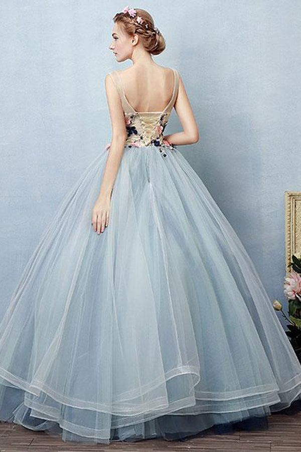 Blue Ball Gown Floor Length Sheer Neck Sleeveless Lace Up Floral Prom Dresses