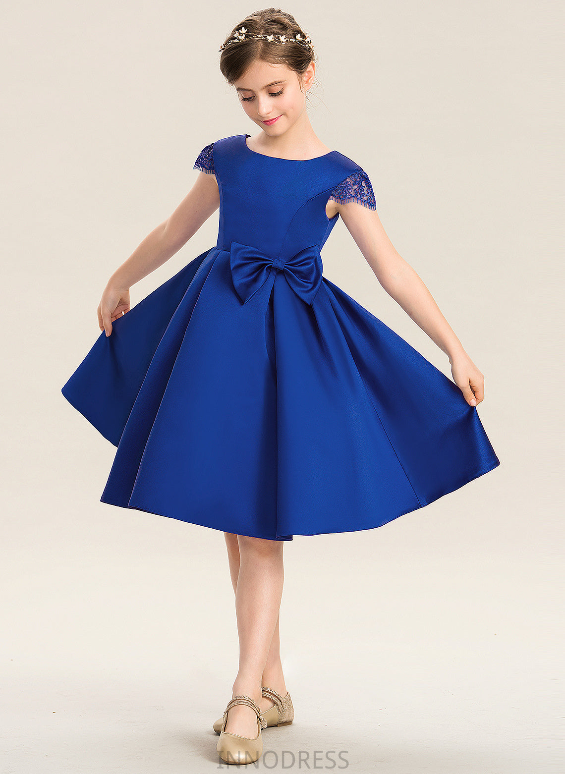 Lace Scoop Knee-Length Satin With Neck Bow(s) Junior Bridesmaid Dresses A-Line Stella