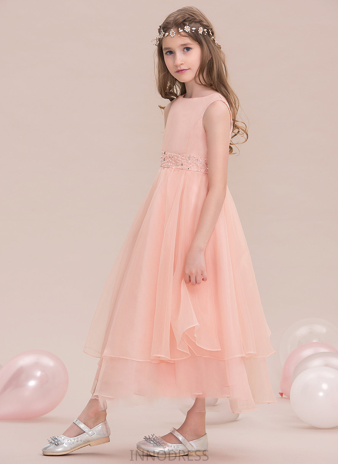 Sequins A-Line With Neck Organza Junior Bridesmaid Dresses Scoop Ankle-Length Kara Beading