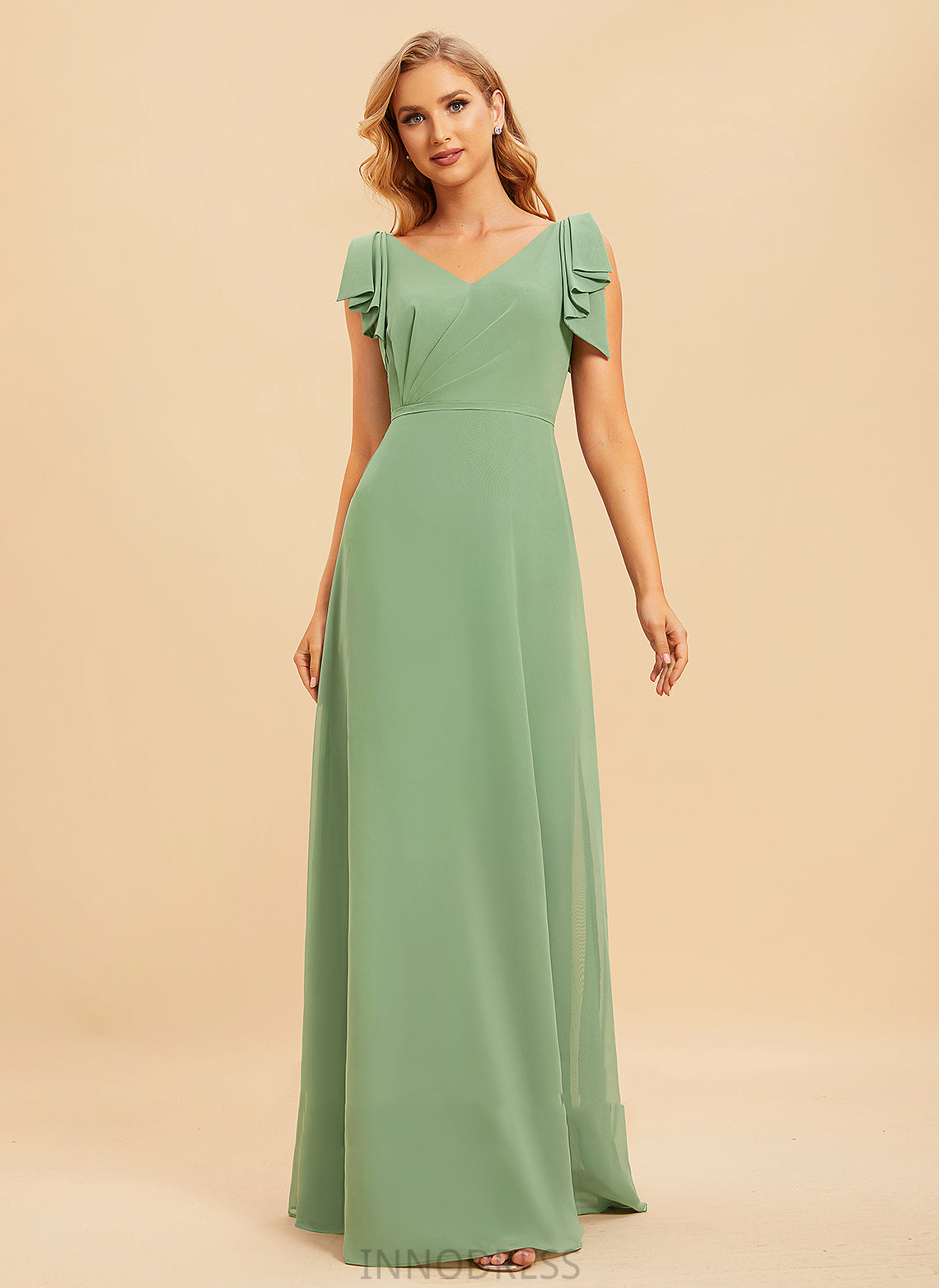 A-Line Embellishment Neckline Ruffle Fabric Length V-neck Floor-Length Silhouette Emelia Sleeveless Floor Length Bridesmaid Dresses