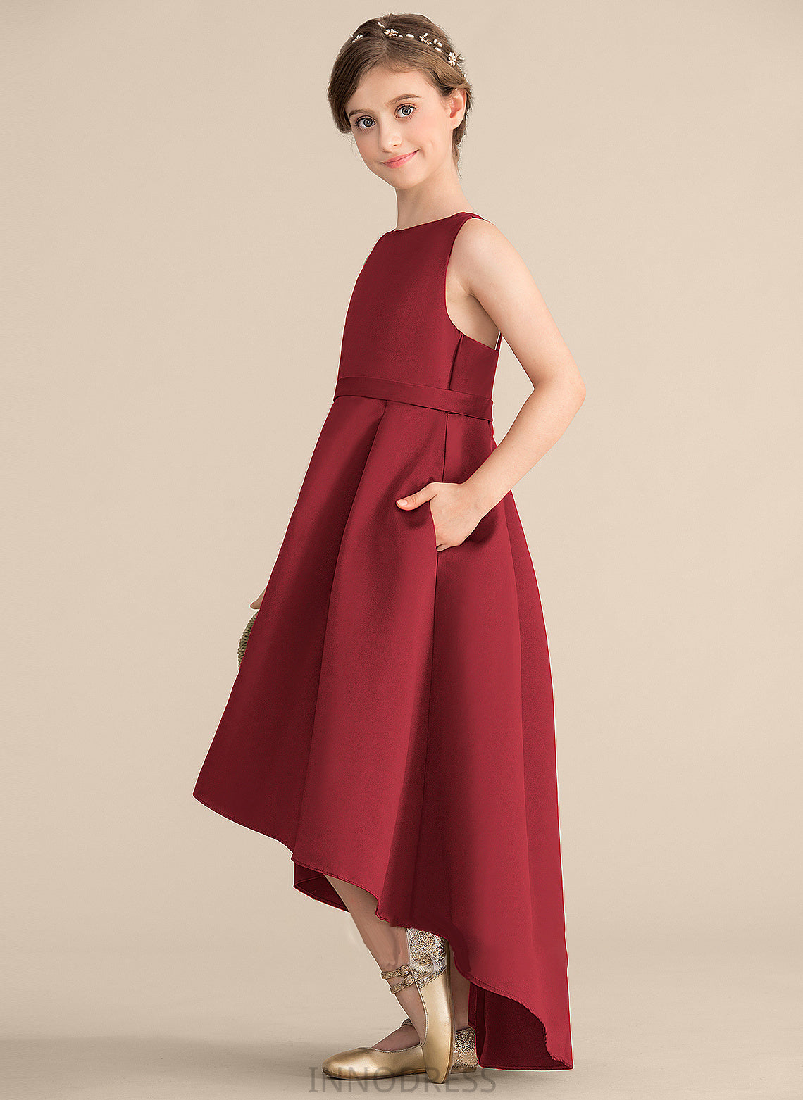 Kennedy Junior Bridesmaid Dresses With Scoop A-Line Neck Asymmetrical Pockets Satin Ruffle