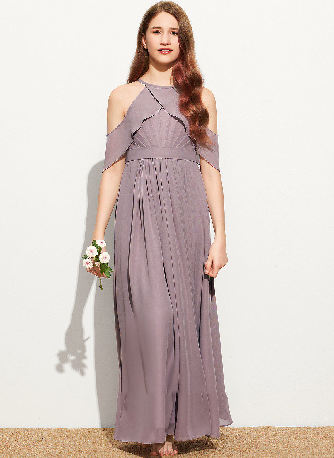 A-Line Chiffon Floor-Length Junior Bridesmaid Dresses With Neck Scoop Ruffle Kelsey