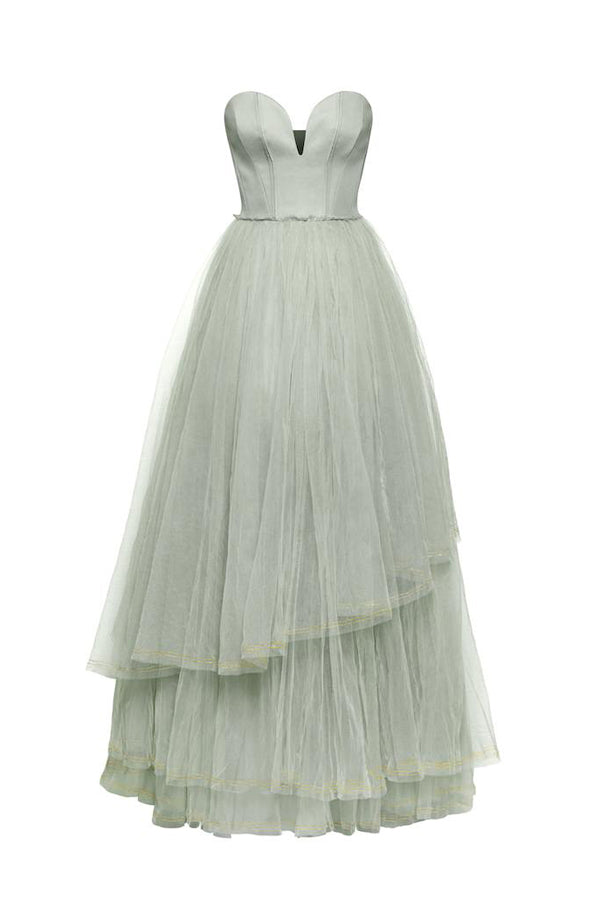 A Line Floor Length Sweetheart Sleeveless Layers Tulle Ruffles Long Prom Dresses