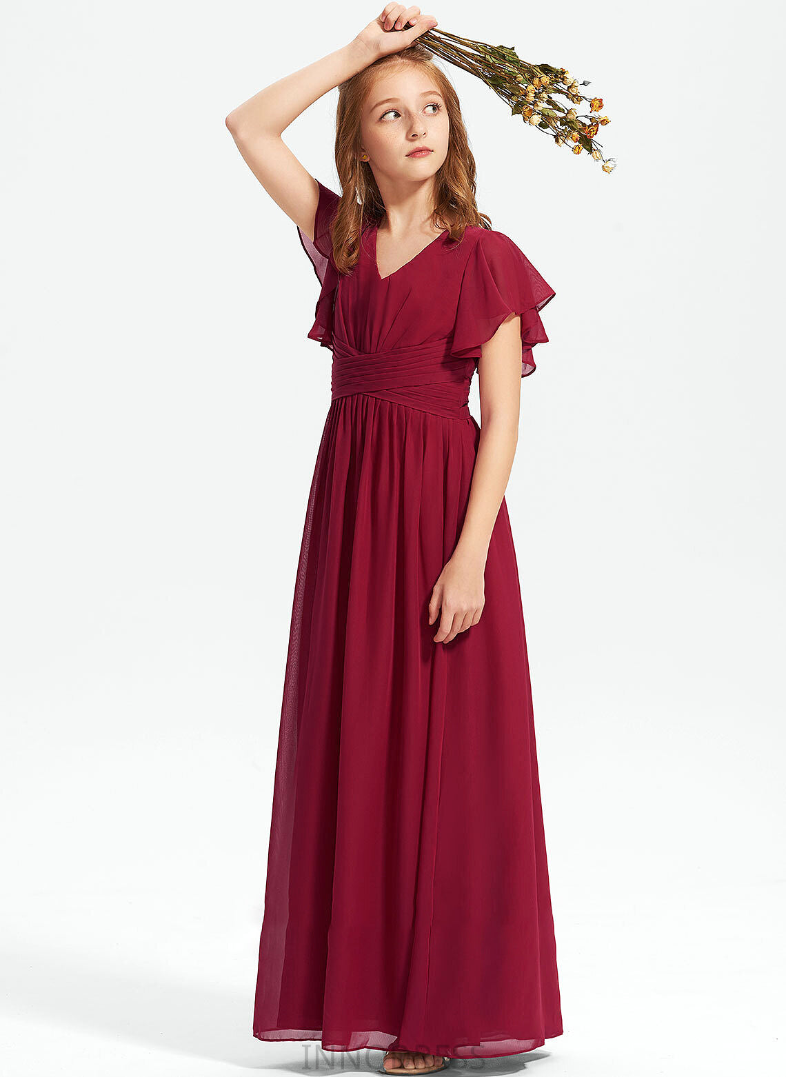 A-Line V-neck Chiffon Junior Bridesmaid Dresses Jenny With Floor-Length Ruffle