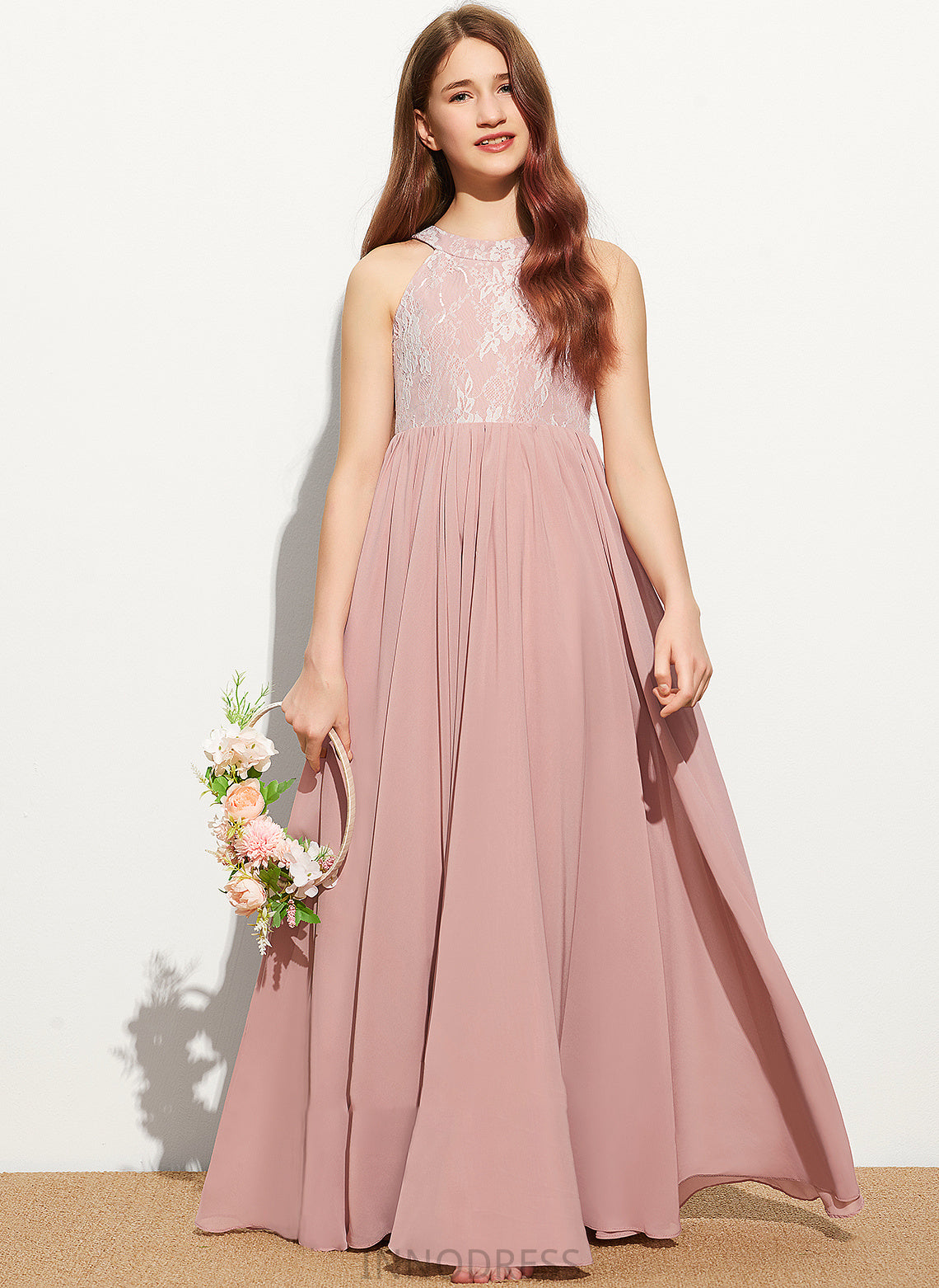 Neck Sequins Scoop Chiffon With Floor-Length Elsie Lace A-Line Junior Bridesmaid Dresses