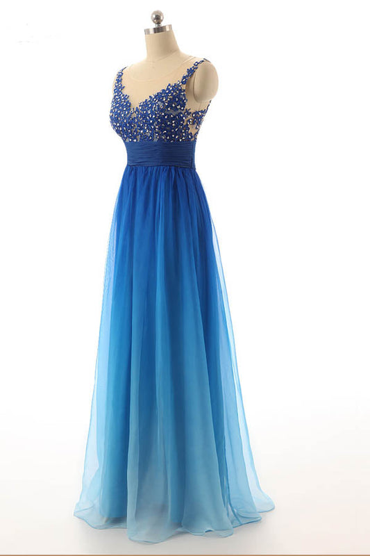 Ombre A Line Floor Length Sleeveless Sheer Back Appliques Beading Prom Dresses