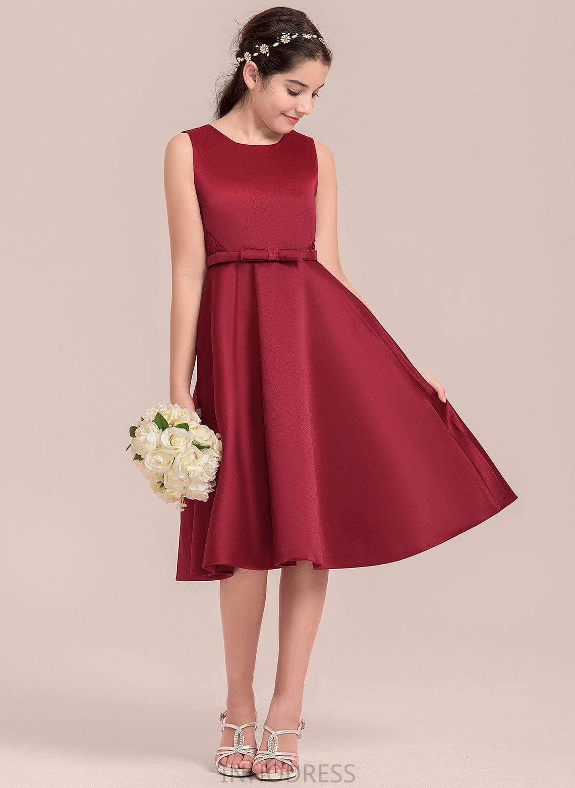 Scoop Bow(s) With Satin Aleah Lace Knee-Length Junior Bridesmaid Dresses A-Line Neck