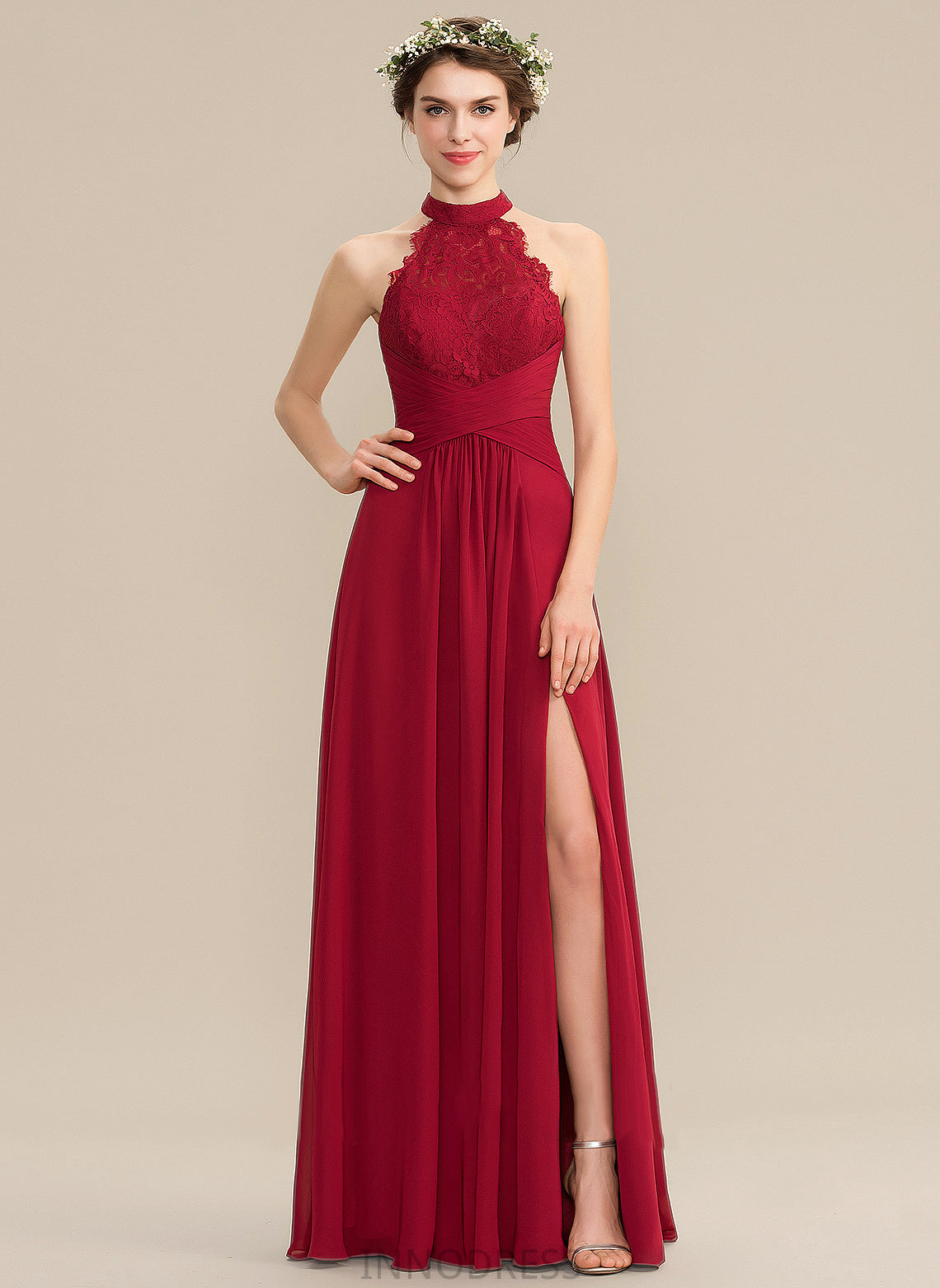 Prom Dresses A-Line Neck Split With Jane Lace High Ruffle Front Chiffon Floor-Length