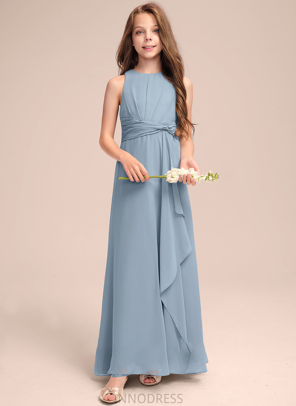 Ruffles With Neck Cascading Saniya Scoop Junior Bridesmaid Dresses A-Line Floor-Length Chiffon