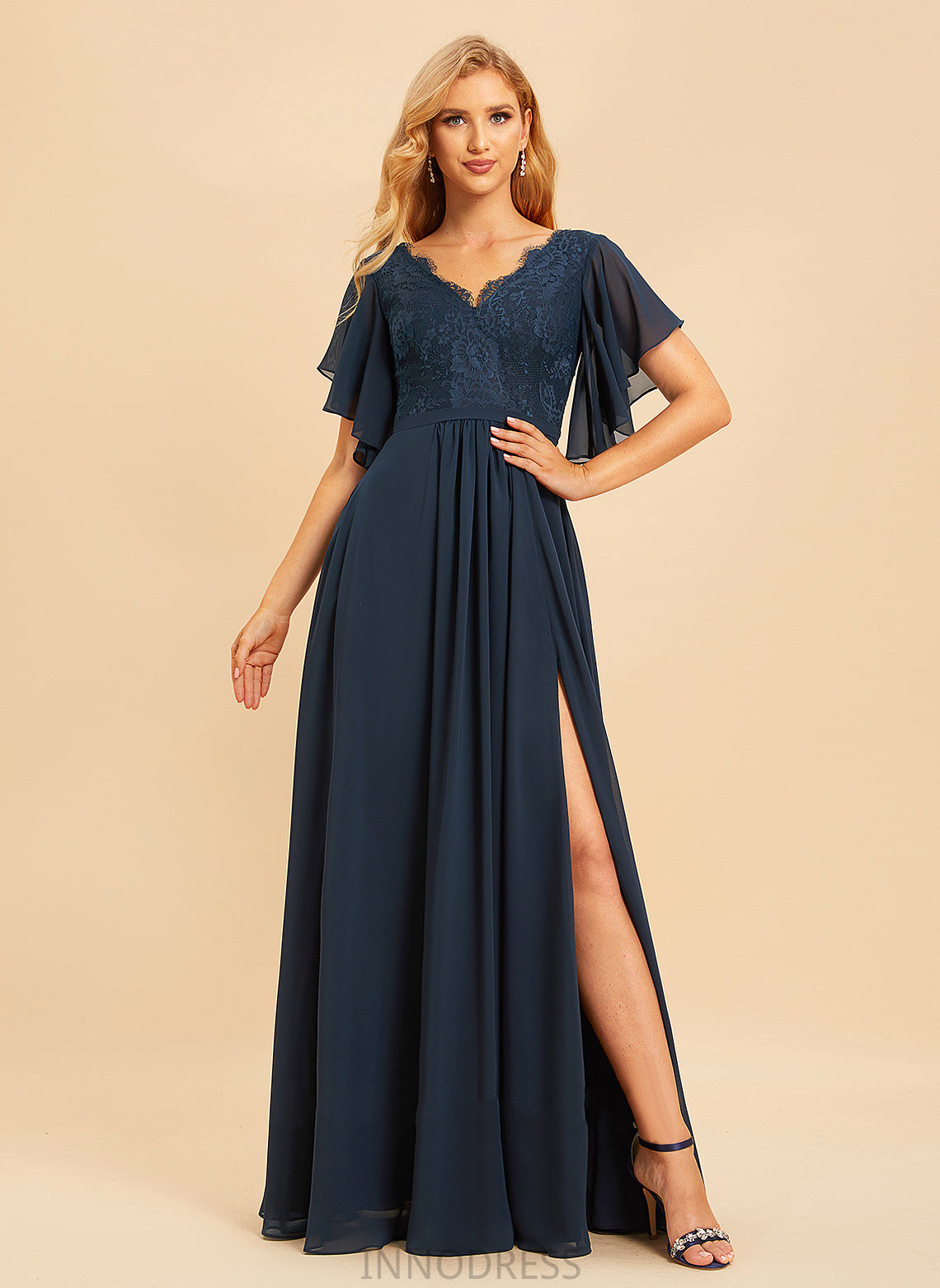 SplitFront Floor-Length A-Line Fabric Neckline Silhouette Embellishment V-neck Length Lace Abbigail Sleeveless Bridesmaid Dresses