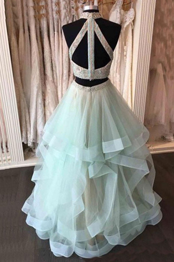 Two Piece A Line Floor Length Halter Sleeveless Appliques Princess Prom Dresses