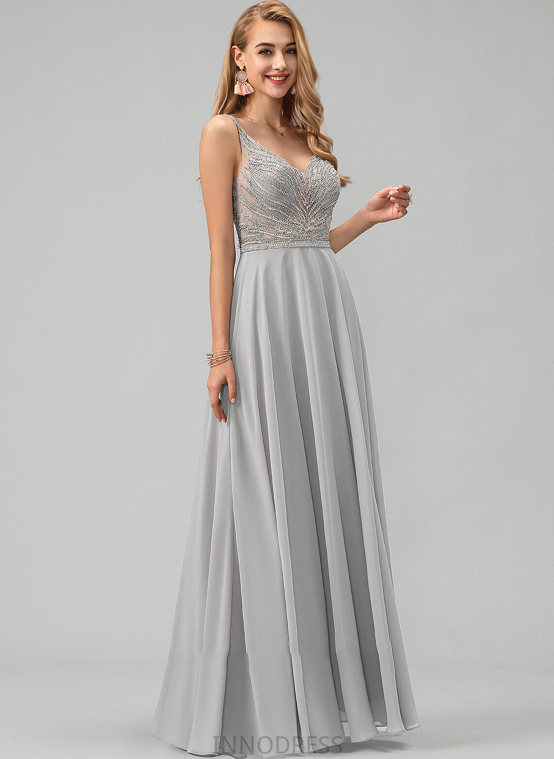 A-Line Sequins Prom Dresses V-neck Alice With Chiffon Beading Floor-Length