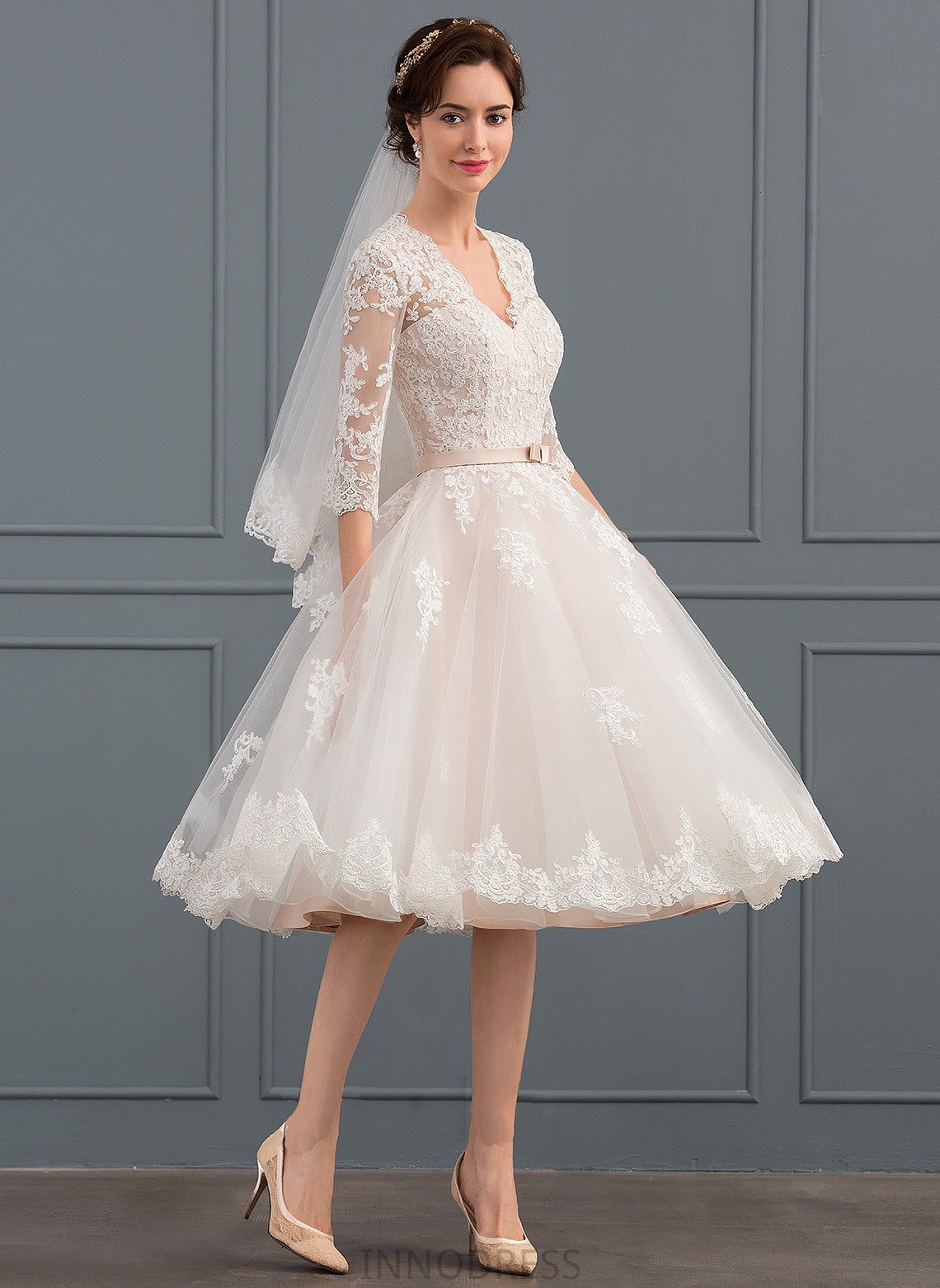 Bow(s) A-Line V-neck Dress With Wedding Knee-Length Tulle Aleah Wedding Dresses