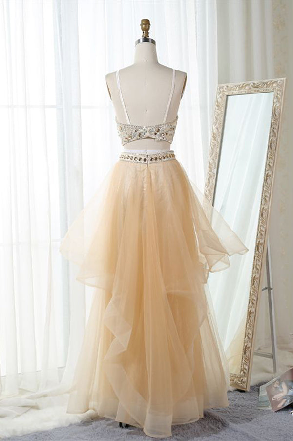 Pink Two Piece Floor Length Halter Sleeveless Backless Beading Prom Dresses