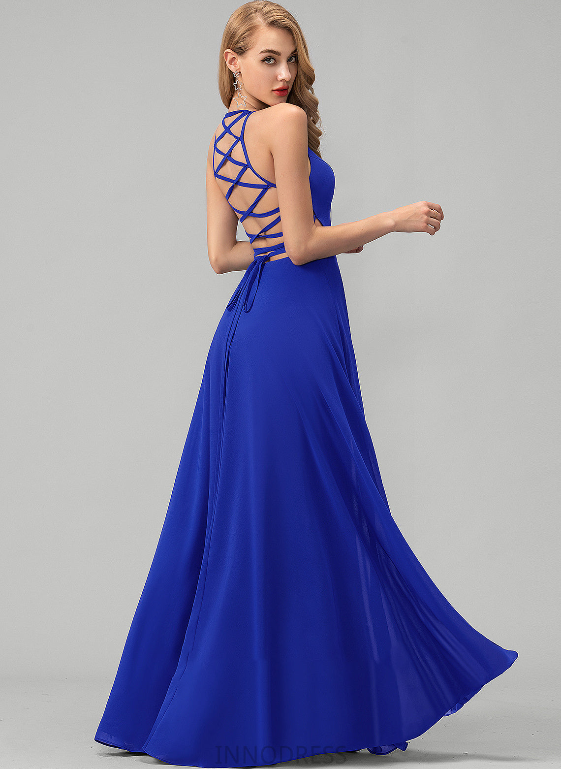 Split Front Floor-Length Chiffon Prom Dresses With A-Line Scoop Hannah Neck