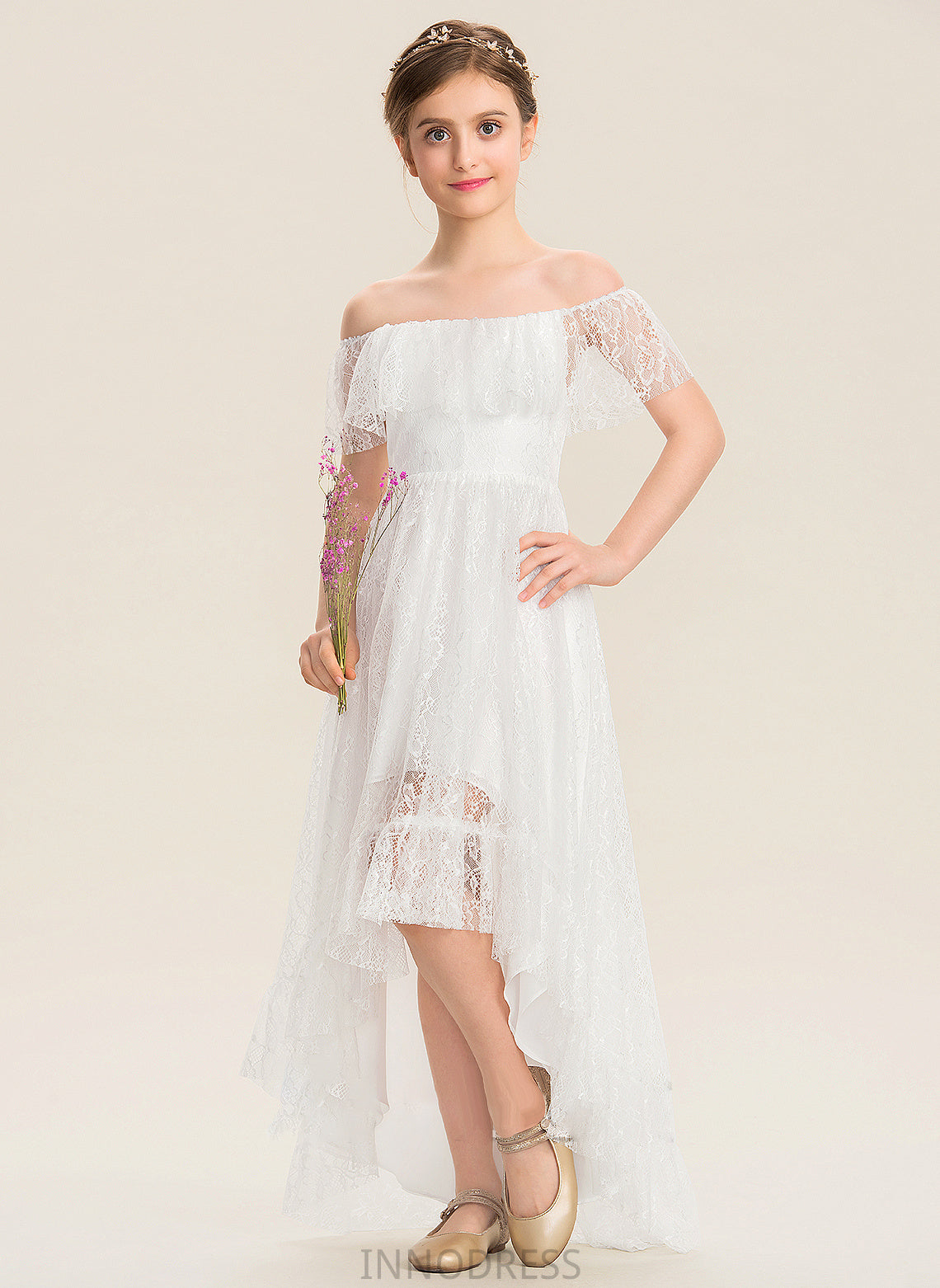 Off-the-Shoulder Junior Bridesmaid Dresses Briley Lace A-Line Asymmetrical