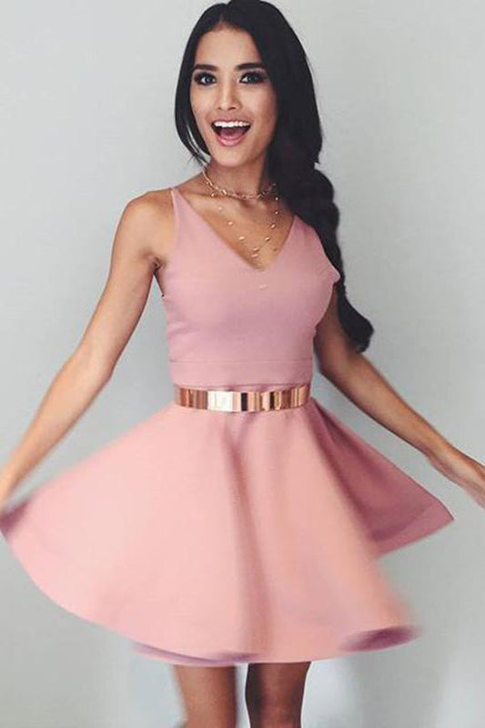 Cute Sleeveless Simple V Neck Satin Short Homecoming Dresses