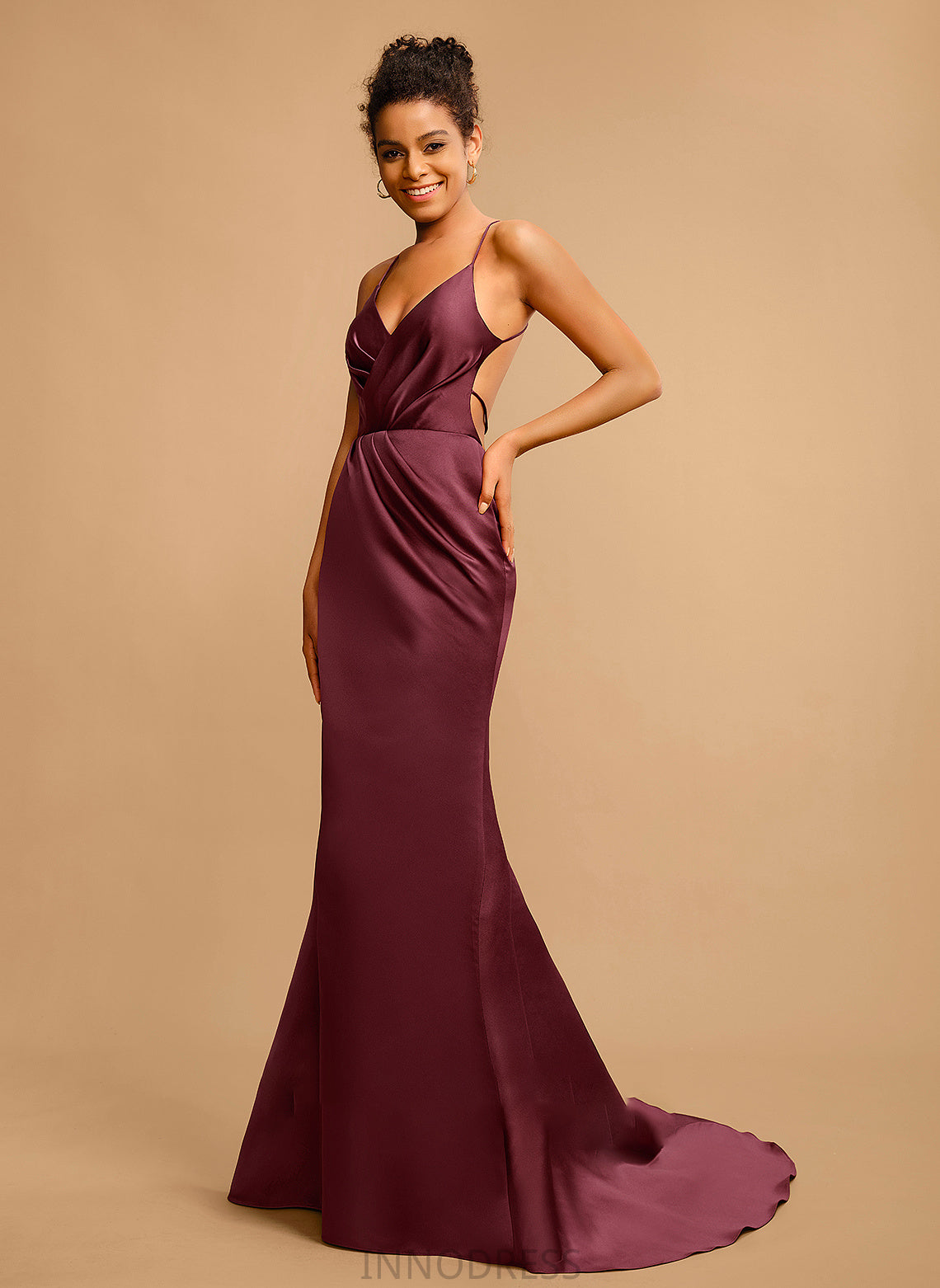 With Train Sweep Prom Dresses Sheath/Column V-neck Pleated Charlee Satin