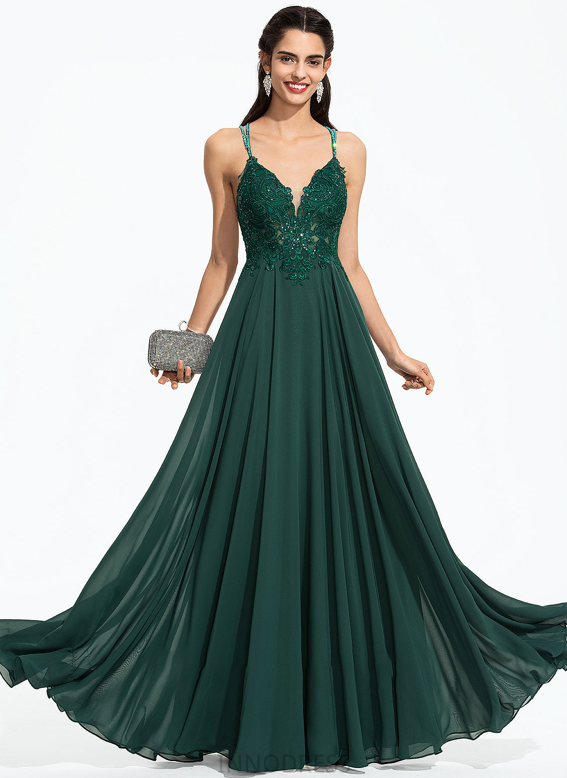 Beading Sequins Prom Dresses With A-Line Floor-Length V-neck Ingrid Chiffon